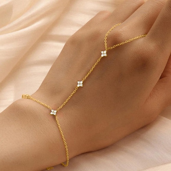 925 Sterling Silver Gold Plated Dainty Gold Hand Chain Bracelet - Picture 2 of 5